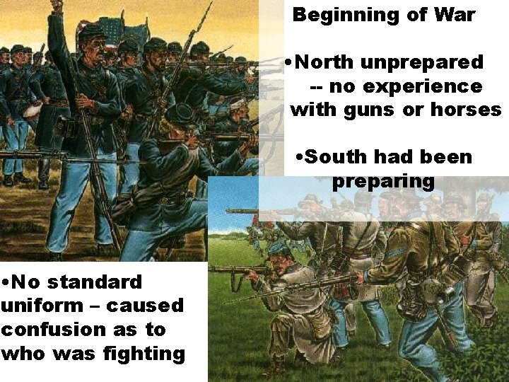 Beginning of War • North unprepared -- no experience with guns or horses •