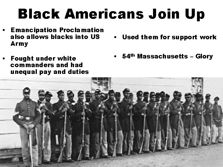 Black Americans Join Up • Emancipation Proclamation also allows blacks into US Army •