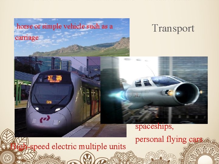 horse or simple vehicle such as a carriage Transport spaceships, High-speed electric multiple units