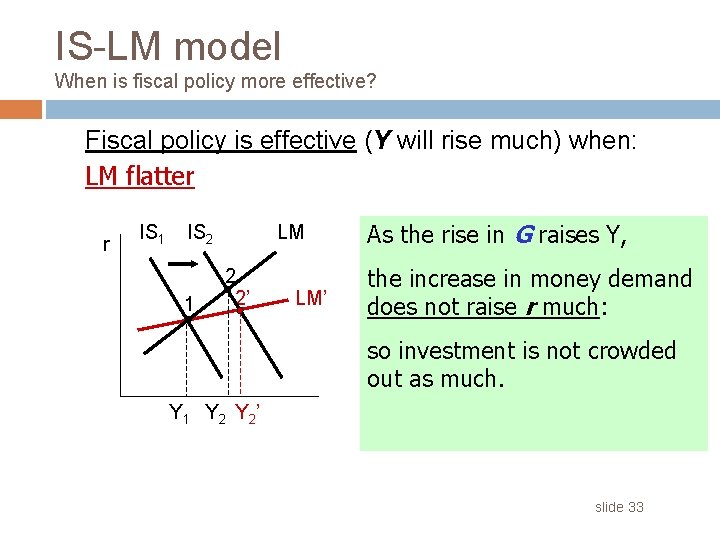 IS-LM model When is fiscal policy more effective? Fiscal policy is effective (Y will