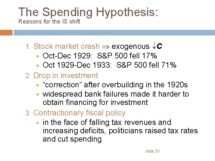 The Spending Hypothesis: Reasons for the IS shift 1. Stock market crash exogenous C