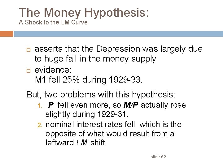 The Money Hypothesis: A Shock to the LM Curve asserts that the Depression was