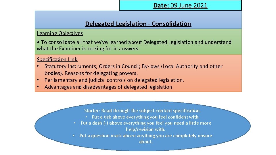 Date: 09 June 2021 Delegated Legislation - Consolidation Learning Objectives • To consolidate all