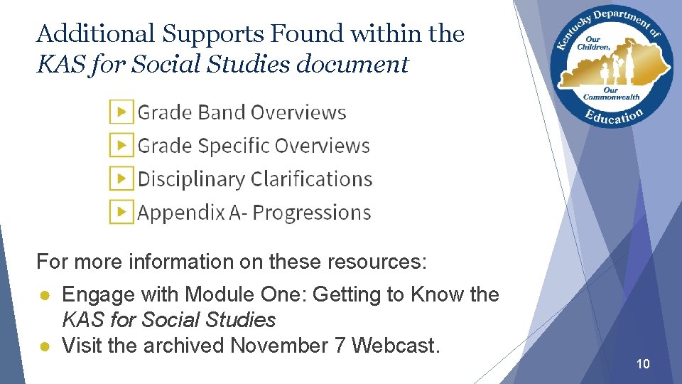 Additional Supports Found within the KAS for Social Studies document For more information on