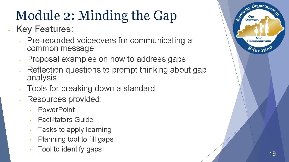 Module 2: Minding the Gap • Key Features: • • • Pre-recorded voiceovers for