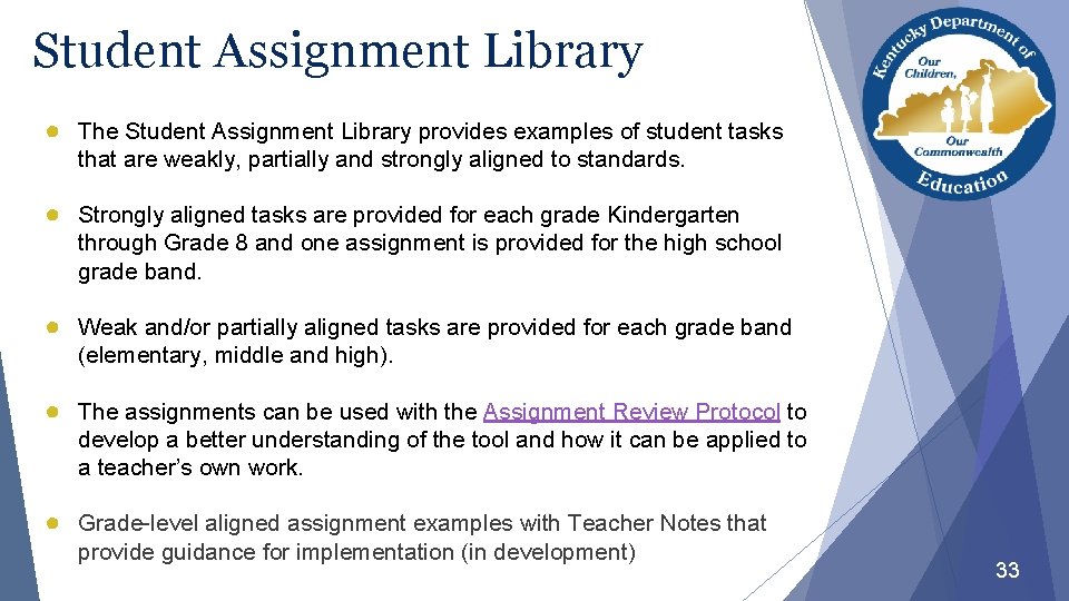 Student Assignment Library ● The Student Assignment Library provides examples of student tasks that