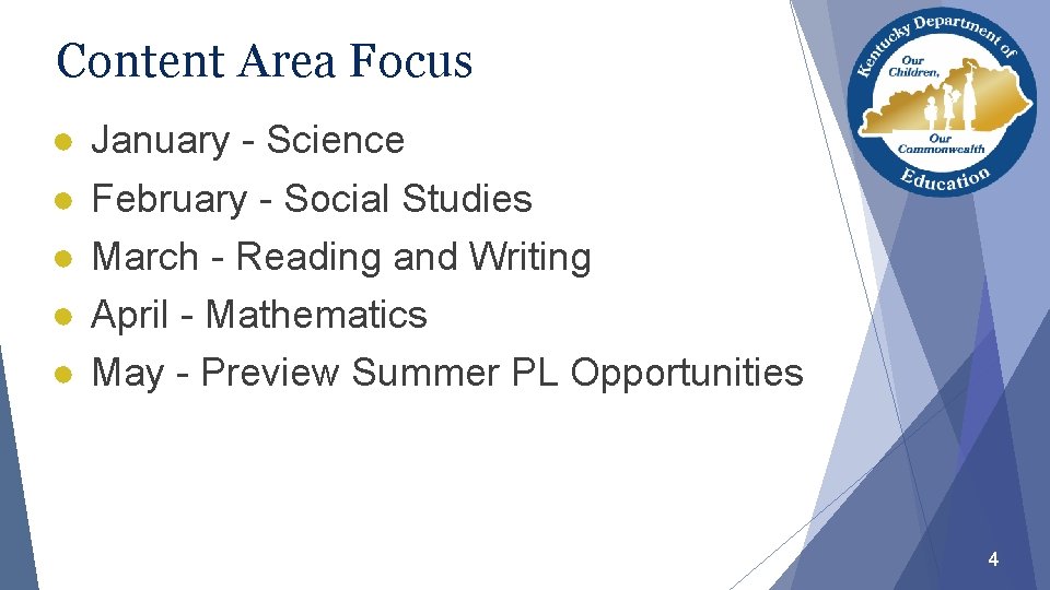 Content Area Focus ● ● ● January - Science February - Social Studies March