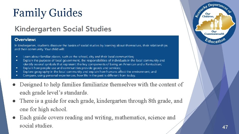 Family Guides ● Designed to help families familiarize themselves with the content of each