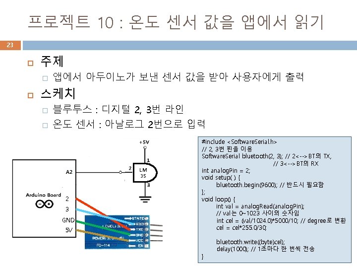 프로젝트 10 : 온도 센서 값을 앱에서 읽기 23 주제 � 앱에서 아두이노가 보낸