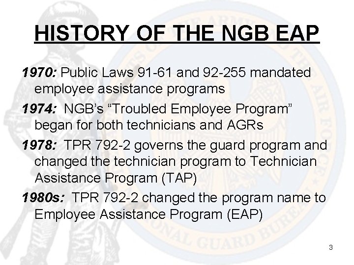HISTORY OF THE NGB EAP 1970: Public Laws 91 -61 and 92 -255 mandated