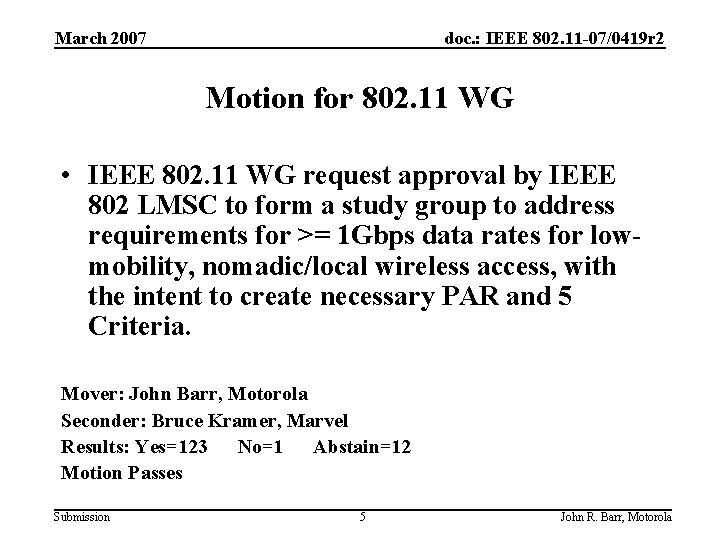 March 2007 doc. : IEEE 802. 11 -07/0419 r 2 Motion for 802. 11