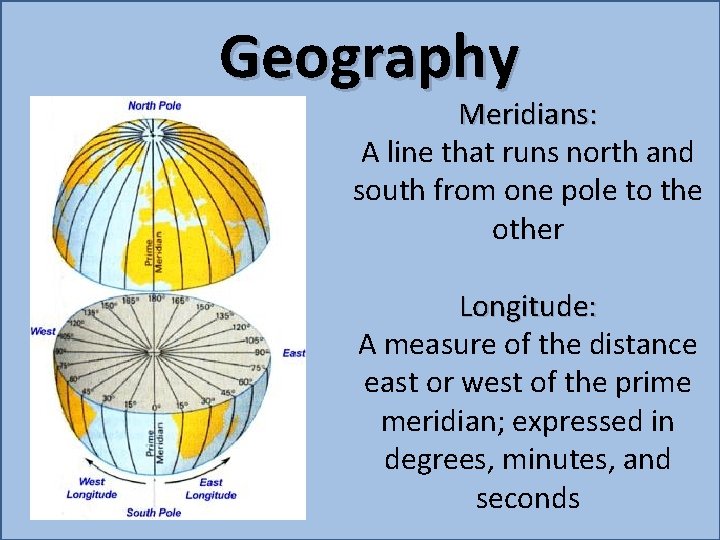 Geography Meridians: A line that runs north and south from one pole to the Geography Meridians: A line that runs north and south from one pole to the
