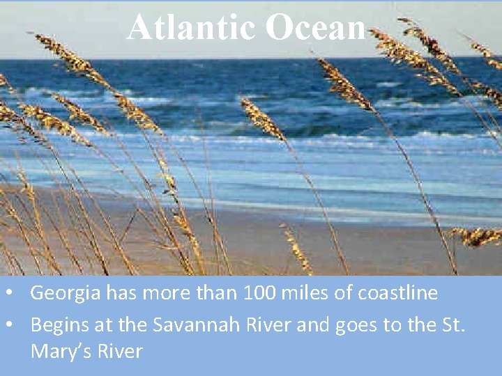 Atlantic Ocean • Georgia has more than 100 miles of coastline • Begins at