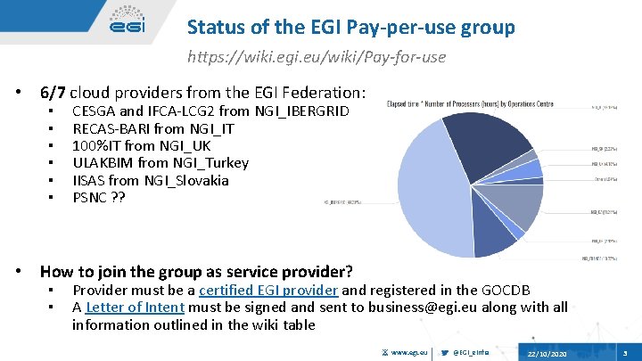 Status of the EGI Pay-per-use group https: //wiki. egi. eu/wiki/Pay-for-use • 6/7 cloud providers