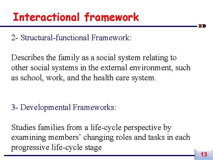 Interactional framework 2 - Structural-functional Framework: Describes the family as a social system relating