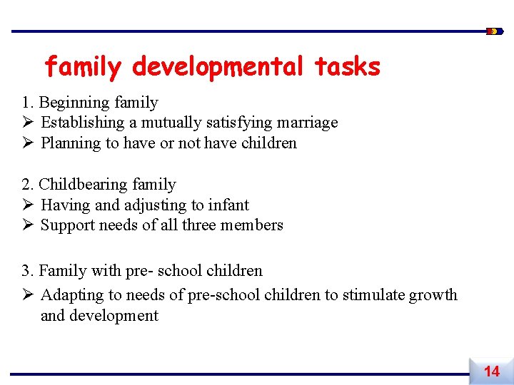 family developmental tasks 1. Beginning family Ø Establishing a mutually satisfying marriage Ø Planning