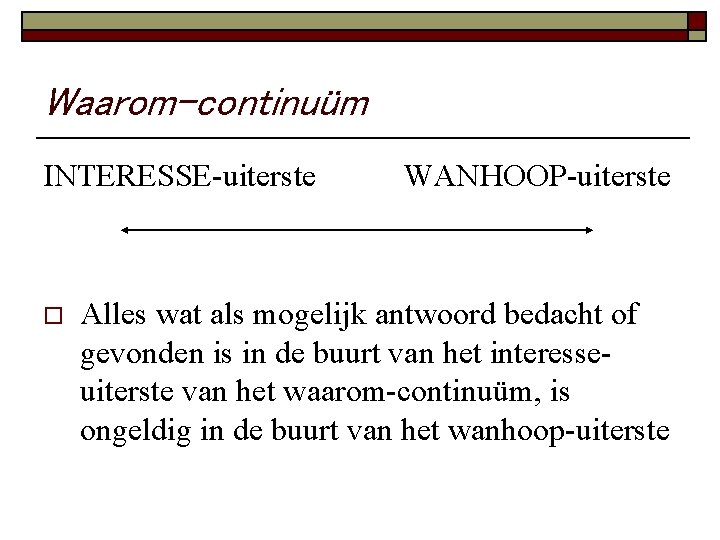 Waarom-continuüm INTERESSE-uiterste o WANHOOP-uiterste Alles wat als mogelijk antwoord bedacht of gevonden is in