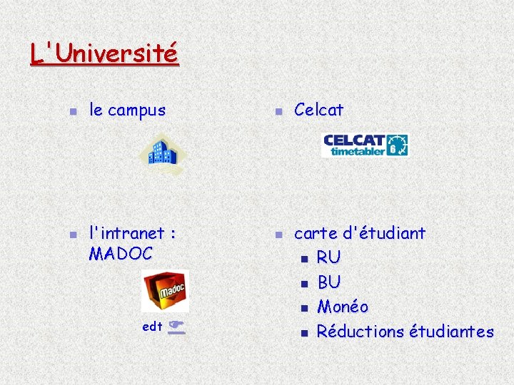 L'Université n n le campus n l'intranet : MADOC edt n Celcat carte d'étudiant