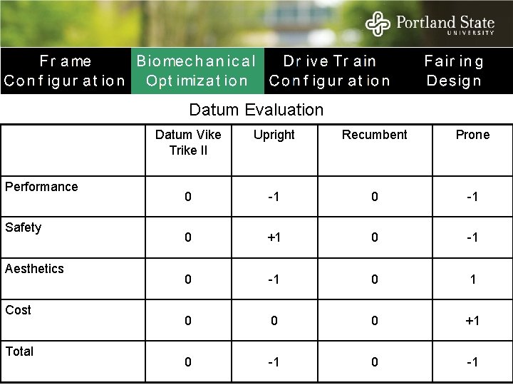 Datum Evaluation Performance Safety Aesthetics Cost Total Datum Vike Trike II Upright Recumbent Prone