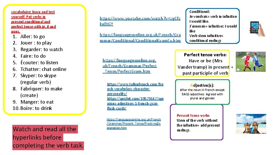 vocabulaire: learn and test yourself. Put verbs in present, conditional and perfect tense with