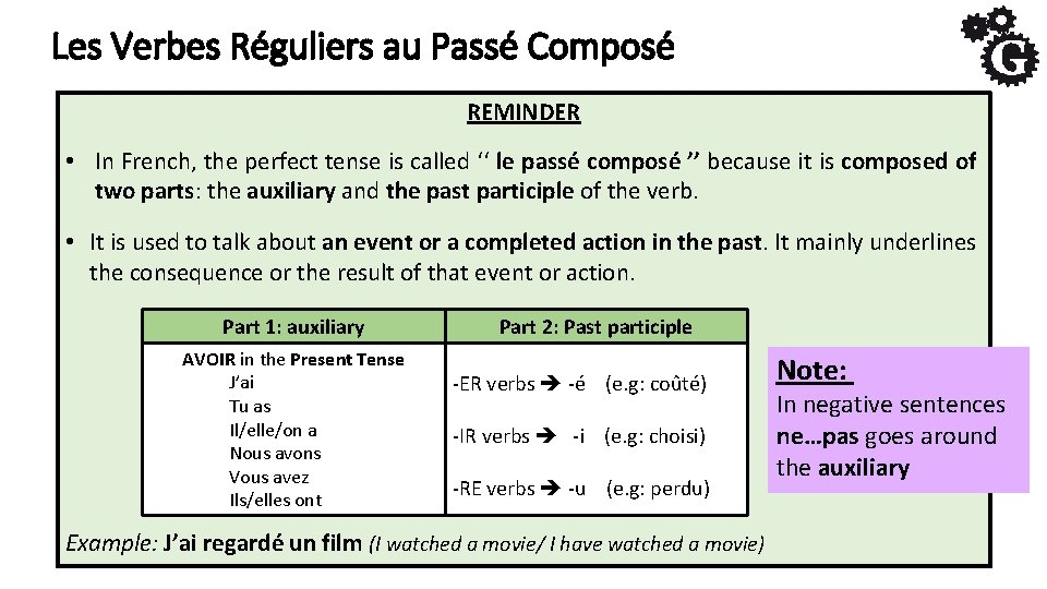 Les Verbes Réguliers au Passé Composé REMINDER • In French, the perfect tense is