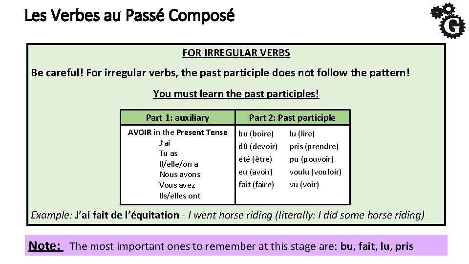 Les Verbes au Passé Composé FOR IRREGULAR VERBS Be careful! For irregular verbs, the