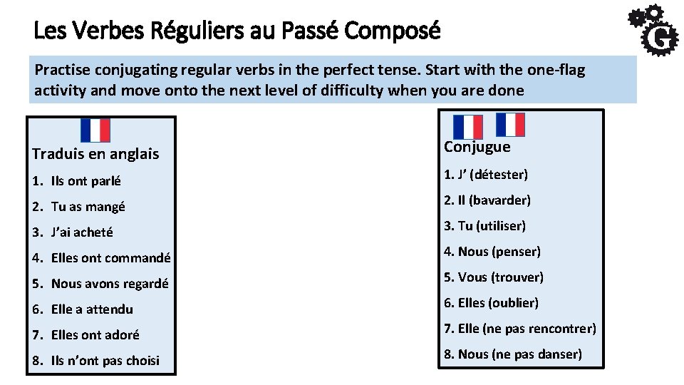 Les Verbes Réguliers au Passé Composé Practise conjugating regular verbs in the perfect tense.