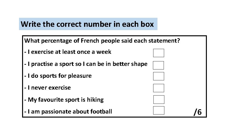 Write the correct number in each box What percentage of French people said each