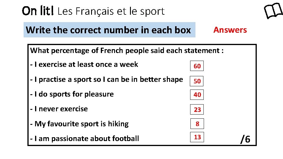 On lit! Les Français et le sport Write the correct number in each box