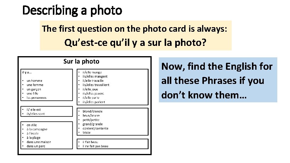 Describing a photo The first question on the photo card is always: Qu’est-ce qu’il