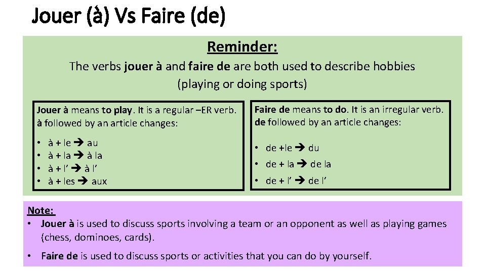 Jouer (à) Vs Faire (de) Reminder: The verbs jouer à and faire de are