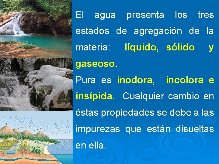 El agua presenta los tres estados de agregación de la materia: líquido, sólido y