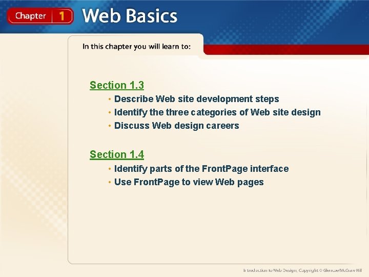 Section 1. 3 • Describe Web site development steps • Identify the three categories