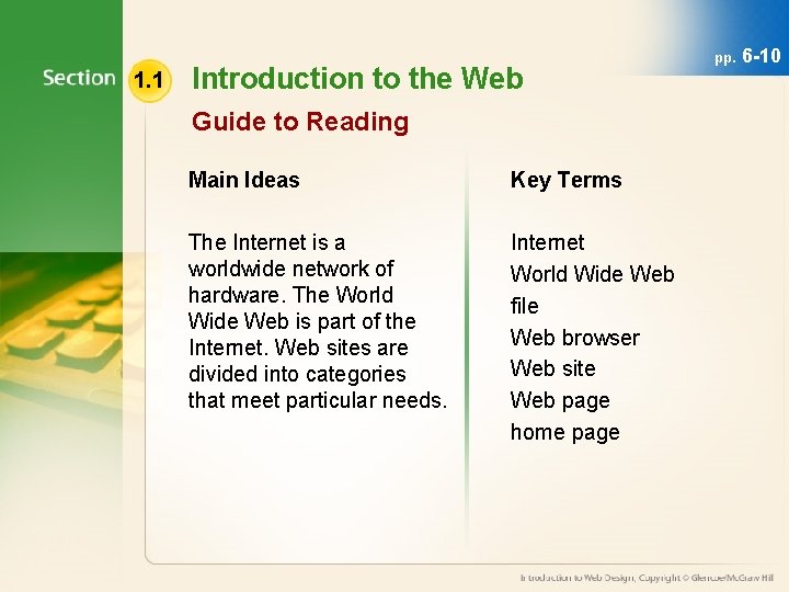 1. 1 Introduction to the Web Guide to Reading Main Ideas Key Terms The