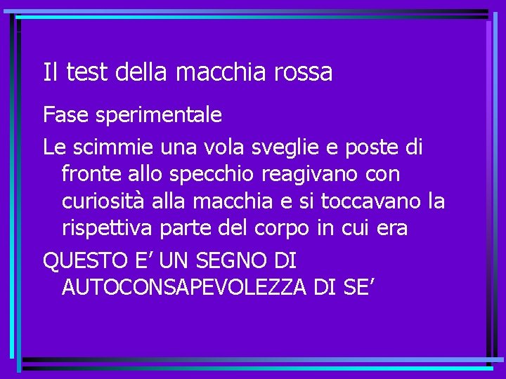 Il test della macchia rossa Fase sperimentale Le scimmie una vola sveglie e poste