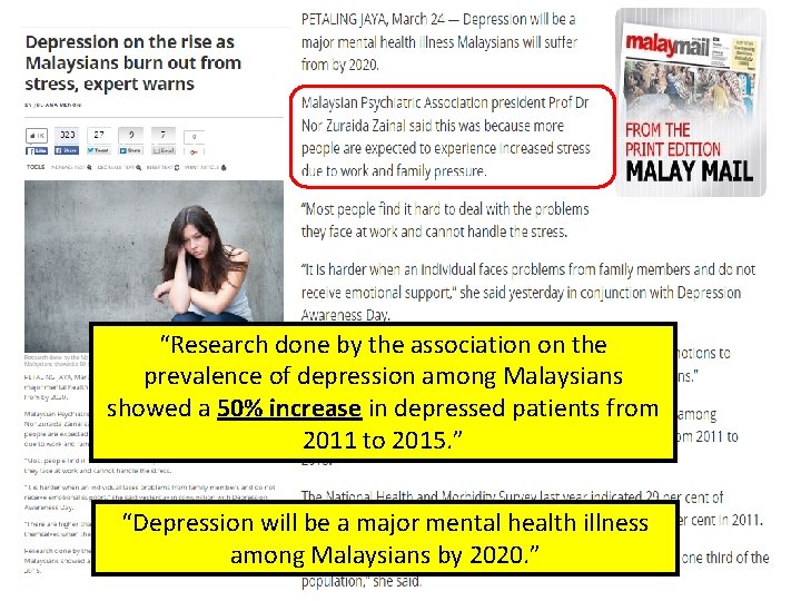 “Research done by the association on the prevalence of depression among Malaysians showed a