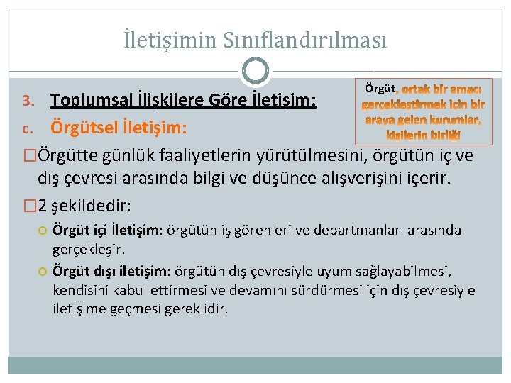 İletişimin Sınıflandırılması 3. Toplumsal İlişkilere Göre İletişim: Örgütsel İletişim: �Örgütte günlük faaliyetlerin yürütülmesini, örgütün