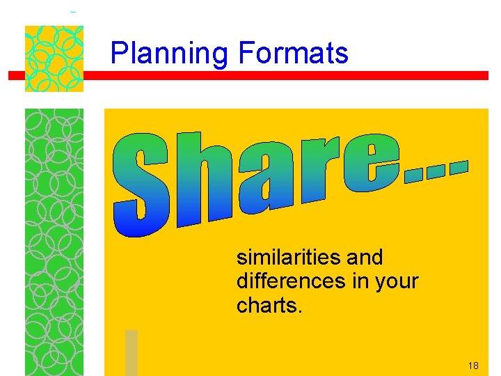 Planning Formats similarities and differences in your charts. 18 