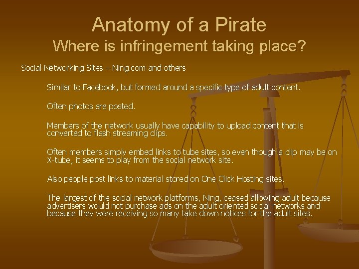 Anatomy of a Pirate Where is infringement taking place? Social Networking Sites – Ning.