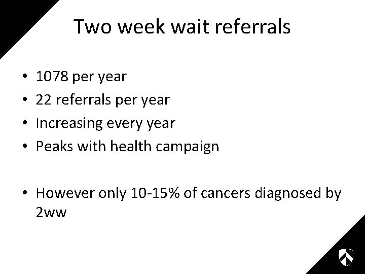 Two week wait referrals • • 1078 per year 22 referrals per year Increasing