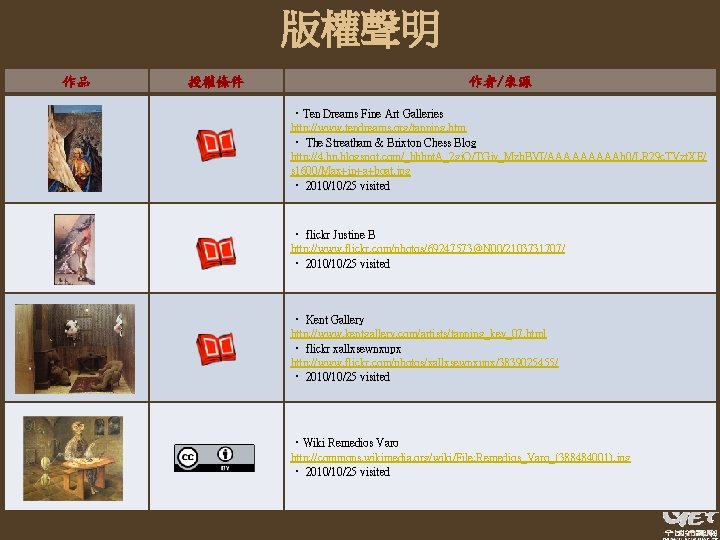 版權聲明 作品 授權條件 作者/來源 ‧Ten Dreams Fine Art Galleries http: //www. tendreams. org/tanning. htm 版權聲明 作品 授權條件 作者/來源 ‧Ten Dreams Fine Art Galleries http: //www. tendreams. org/tanning. htm