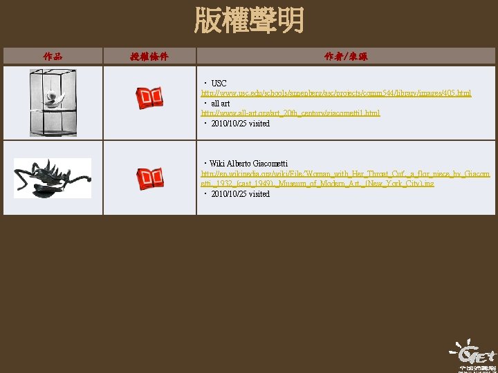 版權聲明 作品 授權條件 作者/來源 ‧ USC http: //www. usc. edu/schools/annenberg/asc/projects/comm 544/library/images/405. html ‧ all 版權聲明 作品 授權條件 作者/來源 ‧ USC http: //www. usc. edu/schools/annenberg/asc/projects/comm 544/library/images/405. html ‧ all