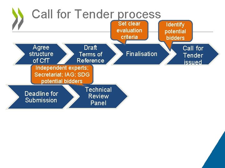 Call for Tender process Set clear evaluation criteria Agree structure of Cf. T Draft