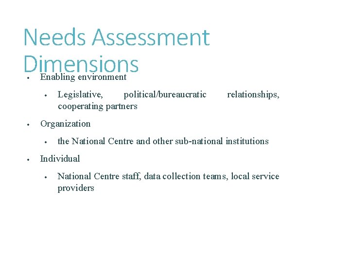 Needs Assessment Dimensions · Enabling environment · · relationships, Organization · · Legislative, political/bureaucratic
