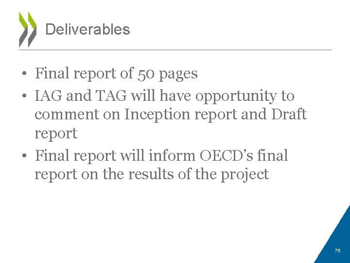 Deliverables • Final report of 50 pages • IAG and TAG will have opportunity
