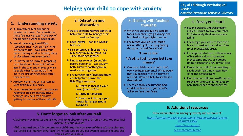 City of Edinburgh Psychological Service Helping your child to cope with anxiety 1. Understanding
