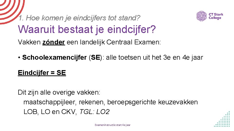 1. Hoe komen je eindcijfers tot stand? Waaruit bestaat je eindcijfer? Vakken zónder een