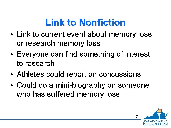 Link to Nonfiction • Link to current event about memory loss or research memory
