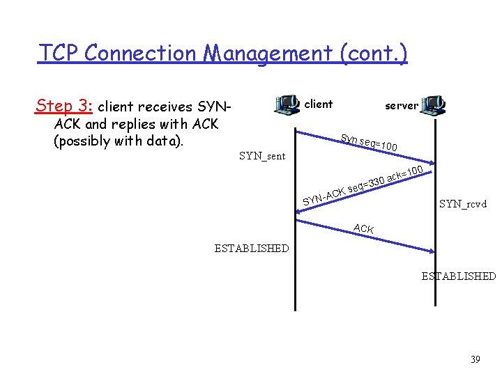 TCP Connection Management (cont. ) Step 3: client receives SYN- client ACK and replies