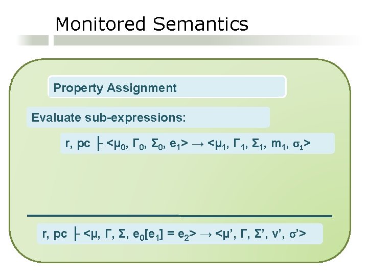 Monitored Semantics Property Assignment Evaluate sub-expressions: r, pc ├ <μ 0, Γ 0, Σ